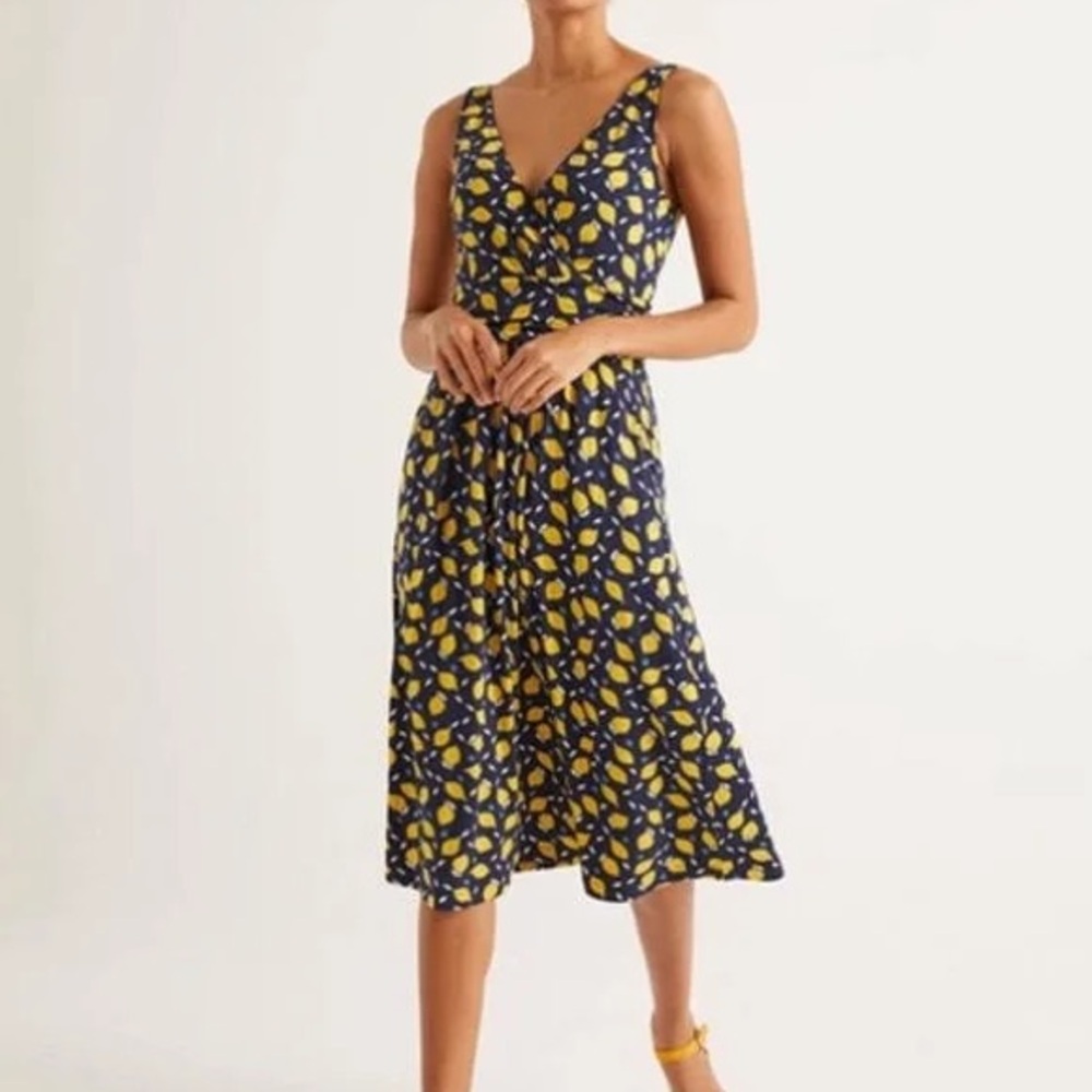 Boden Navy and Yellow Lemons Faux Wrap Dress 12L EUC
